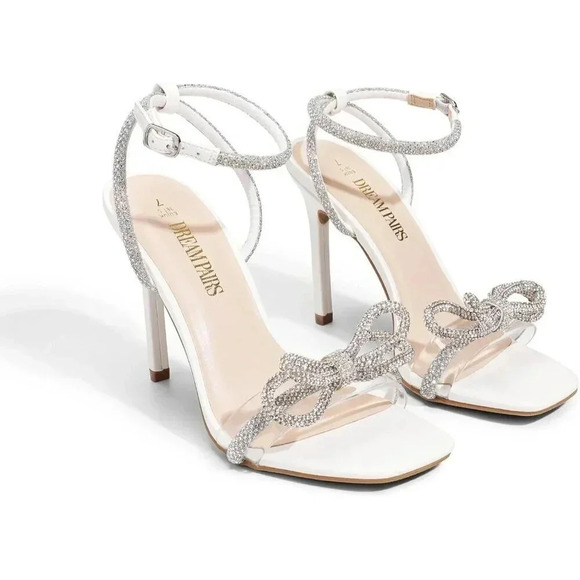 Women's White Double Bowknots Crystal Sandals Clear Slingback Heels - Picture 2 of 7